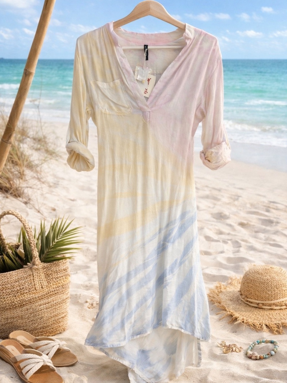 Raviya Asymmetrical Tie-Dye Dress in Pink, Yellow, Blue